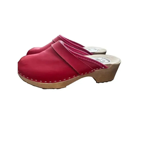 Bjork Red Swedish Wooden Block Sole Leather Slip-On Clogs Size 36 - Picture 9 of 10